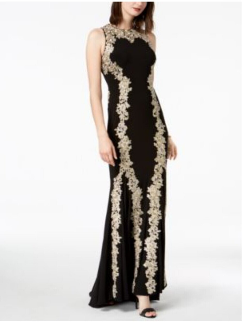 Betsy Adam Maxi Gown with Gold Embroidery